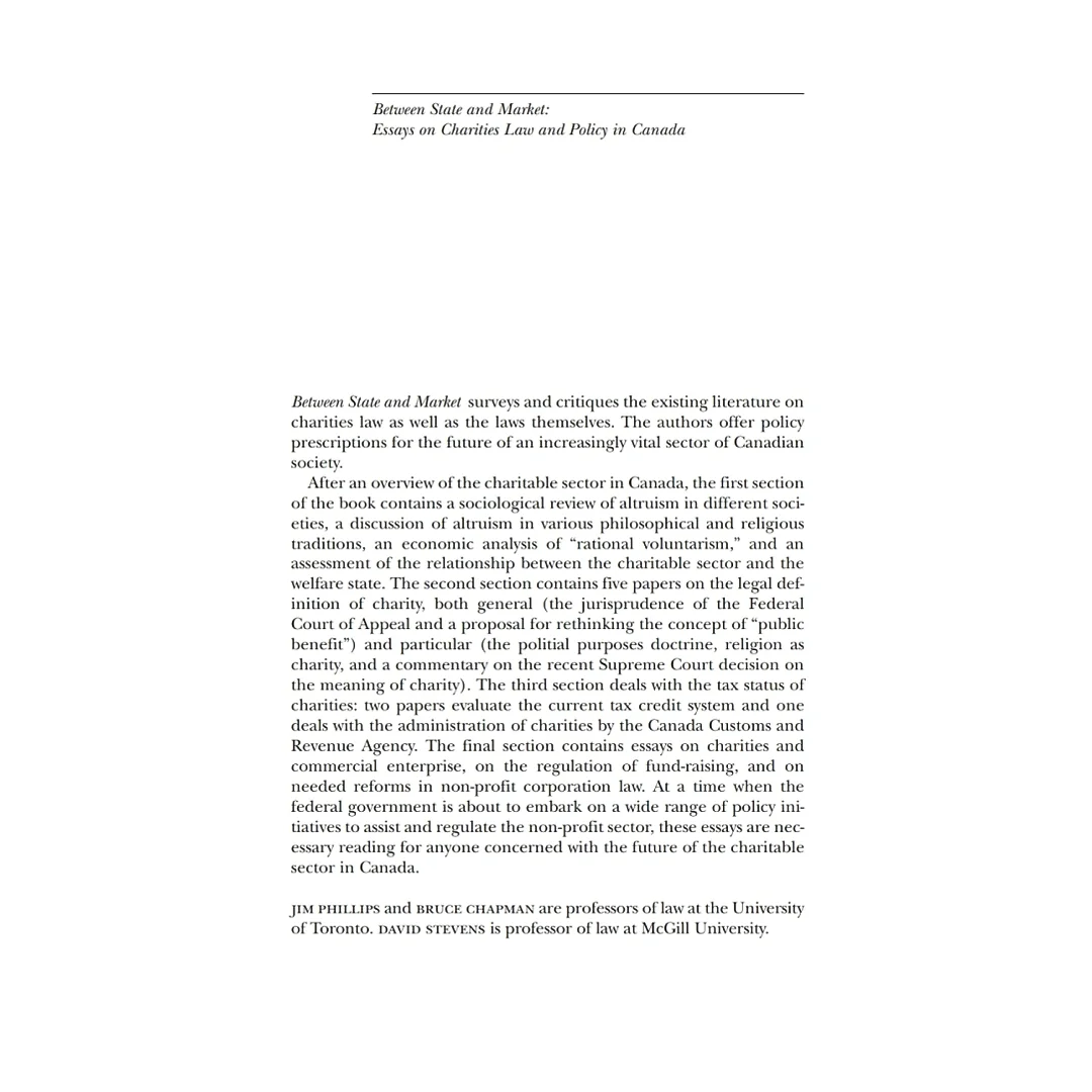 Between State and Market: Essay on Charities Law and Policy in Canada