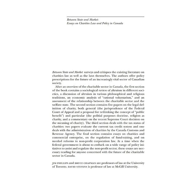 Between State and Market: Essay on Charities Law and Policy in Canada