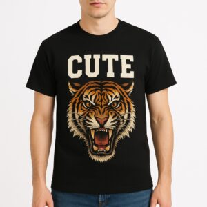 Scary Tiger with 'Cute' Text Graphic T-Shirt - Funny Animal Design Tee