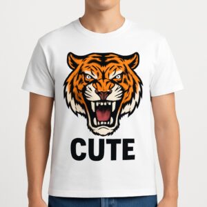 Alternative view of Scary Tiger with 'Cute' Text Graphic T-Shirt - Funny Animal Design Tee