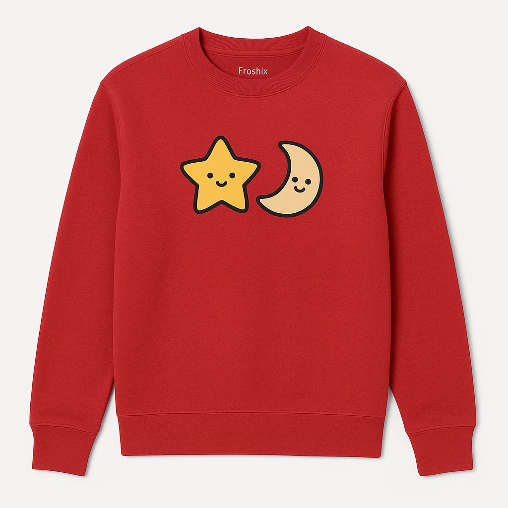 Cute Sweatshirt with Smiling Star and Moon Graphic on Chest