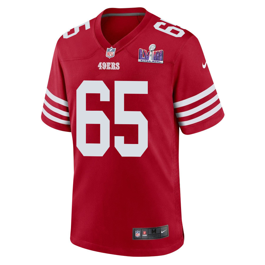 Alternative view of Aaron Banks 65 San Francisco 49ers Super Bowl LVIII Patch Game Men Jersey - Scarlet JS2544 nicesnker