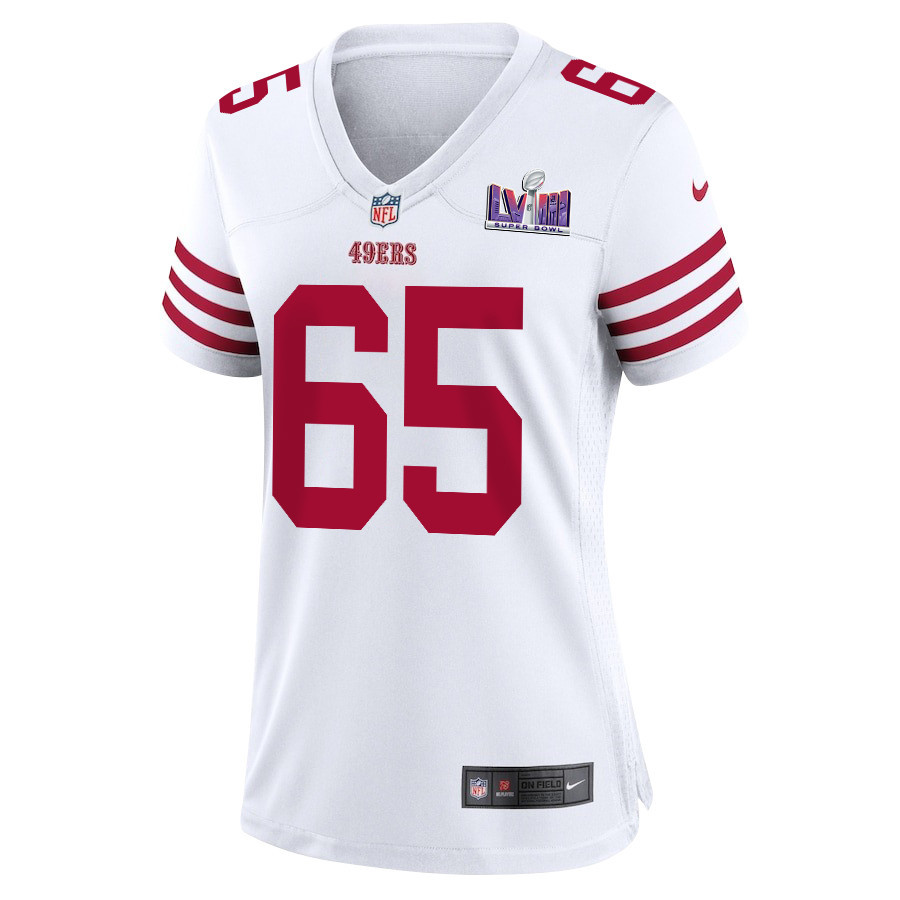 Alternative view of Aaron Banks 65 San Francisco 49ers Super Bowl LVIII Patch Game Women Jersey - White JS3099 nicesnker