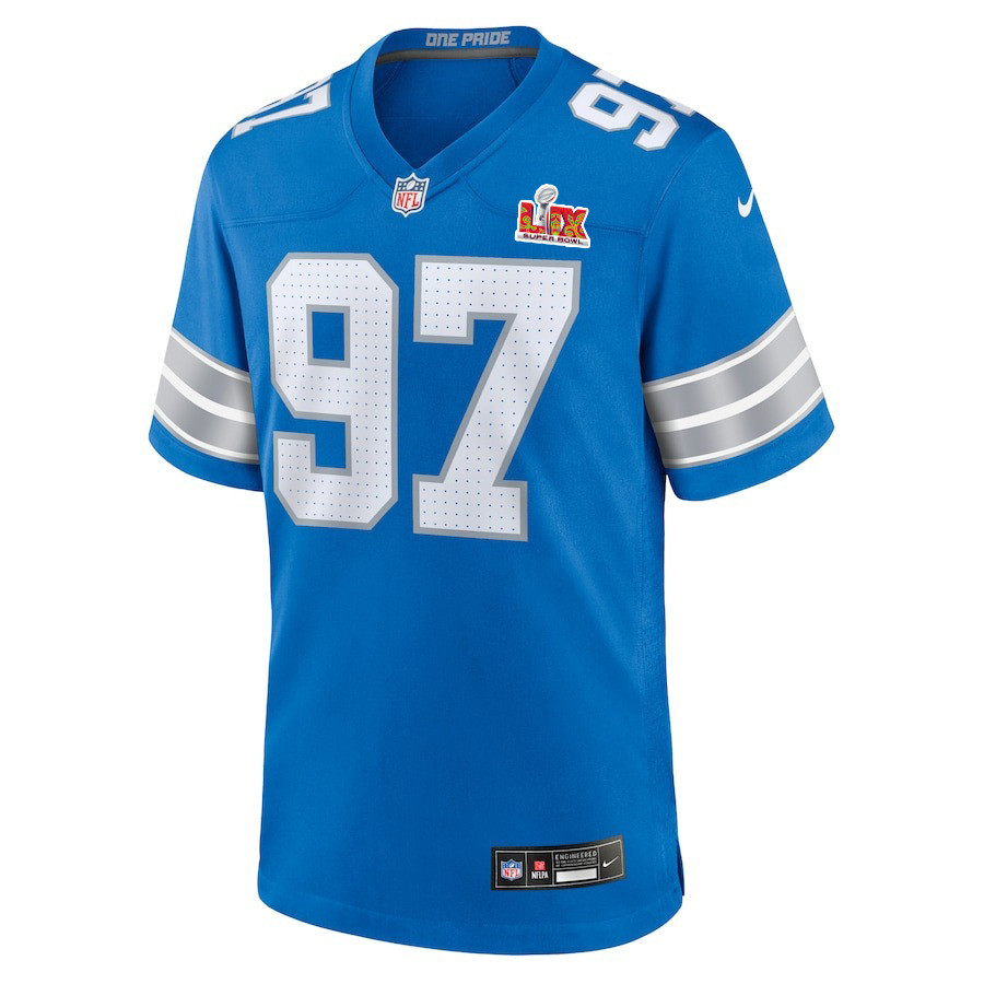 Alternative view of Aidan Hutchinson #97 Detroit Lions Super Bowl LIX Jersey - Men's - Blue JS6968 nicesnker