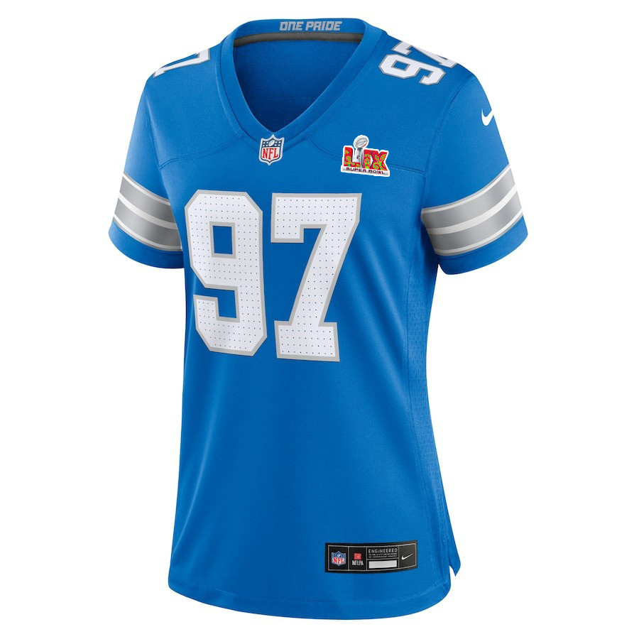 Alternative view of Aidan Hutchinson #97 Detroit Lions Super Bowl LIX Women's Jersey - Blue JS7210 nicesnker
