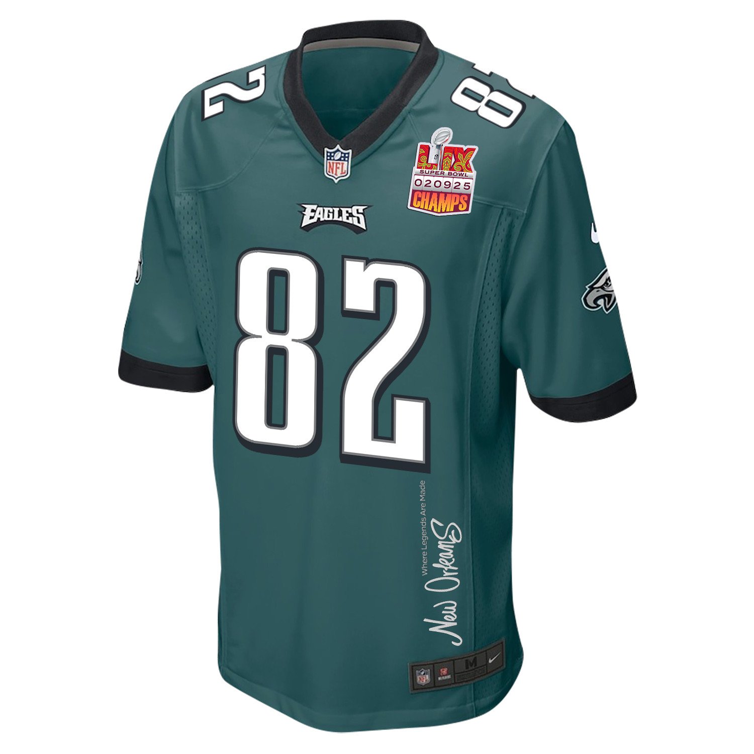 Ainias Smith 82 Philadelphia Eagles Super Bowl LIX Champions Patch 'New Orleans - Where Legends Are Made' EMBROIDERED Game Men Jersey - Midnight Green JS6248 nicesnker - Image 3