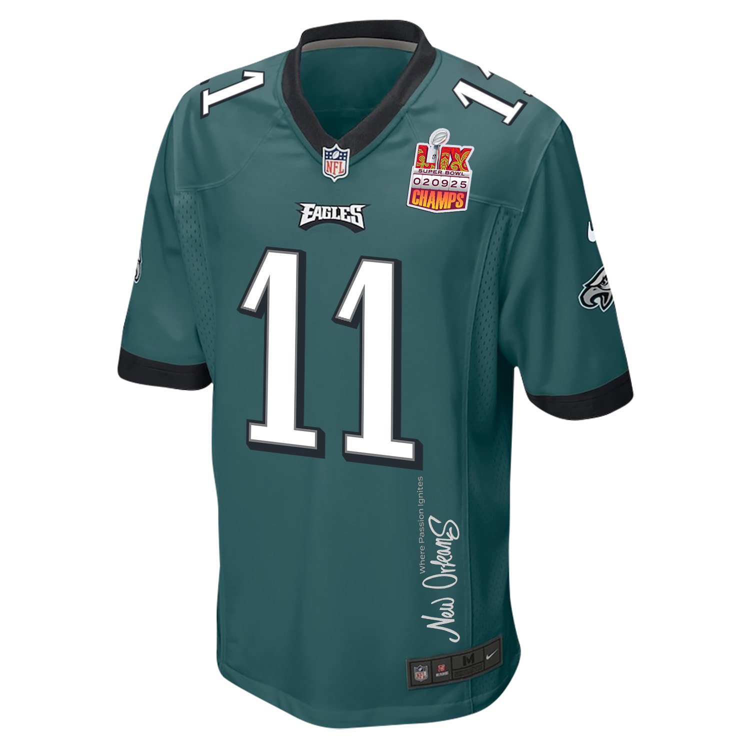 A.J. Brown 11 Philadelphia Eagles Super Bowl LIX Champions Patch 'New Orleans - Where Passion Ignites' EMBROIDERED Game Men Jersey - Midnight Green JS8255 nicesnker - Image 3
