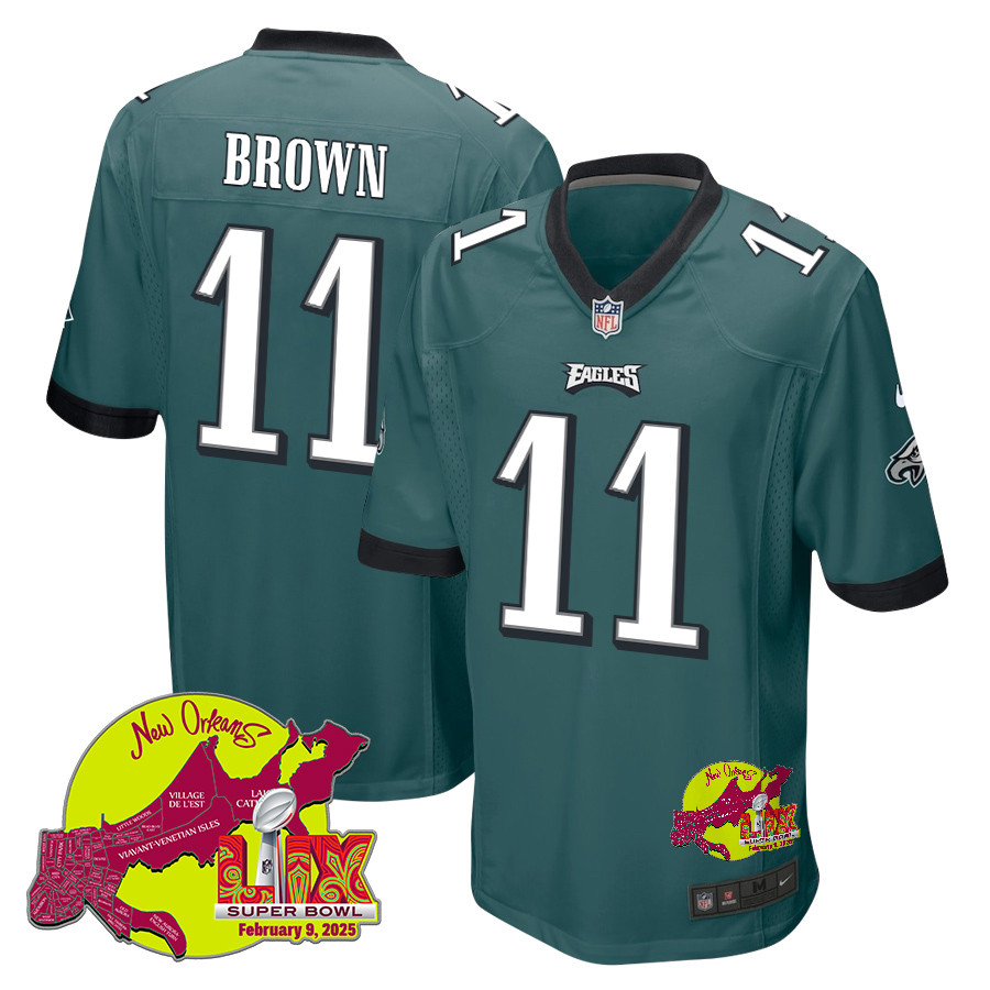 A.J. Brown 11 Philadelphia Eagles Super Bowl LIX New Orleans Patch Game Men Jersey - Midnight Green JS8524 nicesnker