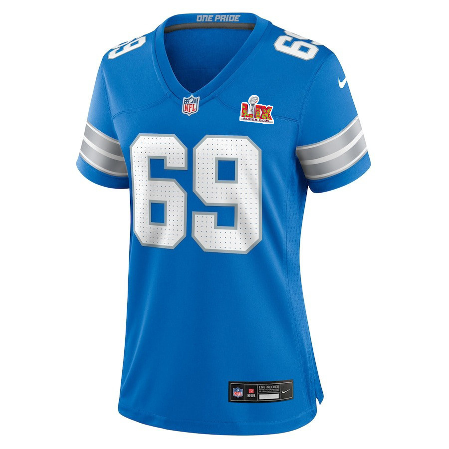 Alternative view of Al-Quadin Muhammad #69 Detroit Lions Super Bowl LIX Women's Jersey - Blue JS9226 nicesnker
