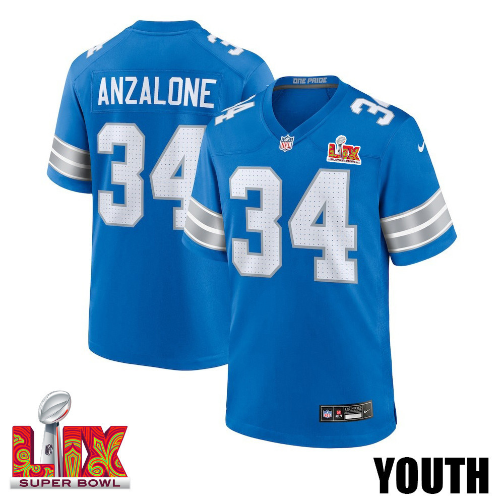 Alex Anzalone #34 Detroit Lions Super Bowl LIX YOUTH Jersey - Blue JS2764 nicesnker