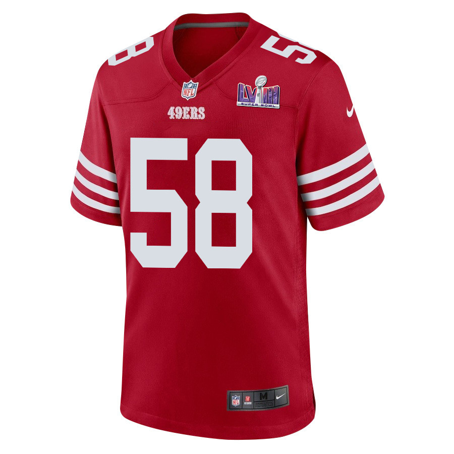 Alternative view of Alex Barrett 58 San Francisco 49ers Super Bowl LVIII Patch Game Men Jersey - Scarlet JS6688 nicesnker