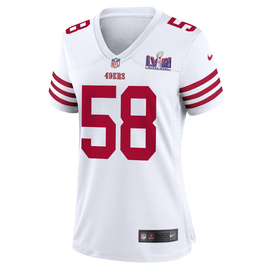 Alternative view of Alex Barrett 58 San Francisco 49ers Super Bowl LVIII Patch Game Women Jersey - White JS7384 nicesnker