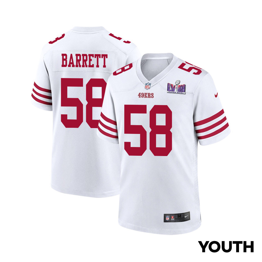 Alex Barrett 58 San Francisco 49ers Super Bowl LVIII Patch Game YOUTH Jersey - White JS8391 nicesnker