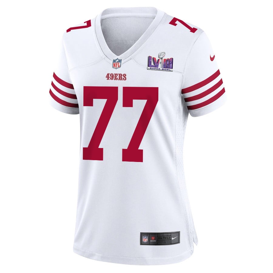 Alternative view of Alfredo Gutierrez 77 San Francisco 49ers Super Bowl LVIII Patch Game Women Jersey - White JS3455 nicesnker