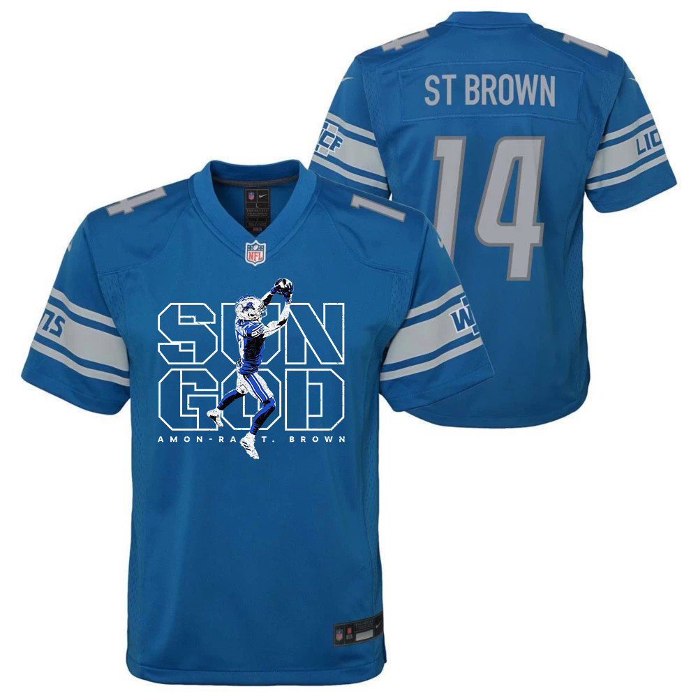 Amon-Ra St. Brown 14 Detroit Lions Sun God Game YOUTH Jersey - Blue JS9146 nicesnker