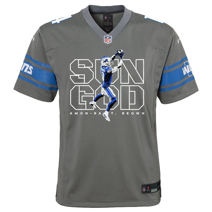 Alternative view of Amon-Ra St. Brown 14 Detroit Lions Sun God Game YOUTH Jersey - Silver JS8086 nicesnker