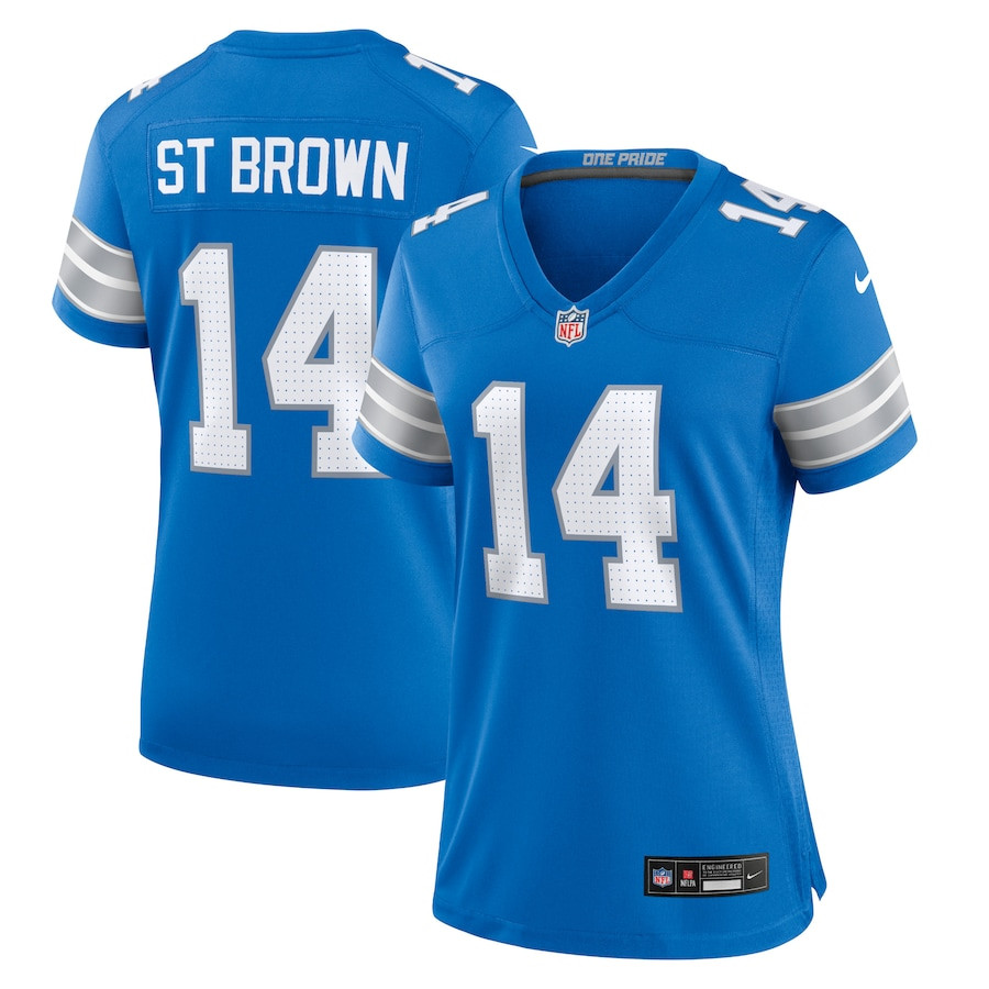 Amon-Ra St. Brown 14 Detroit Lions Women's Team Game Jersey - Blue JS8322 nicesnker