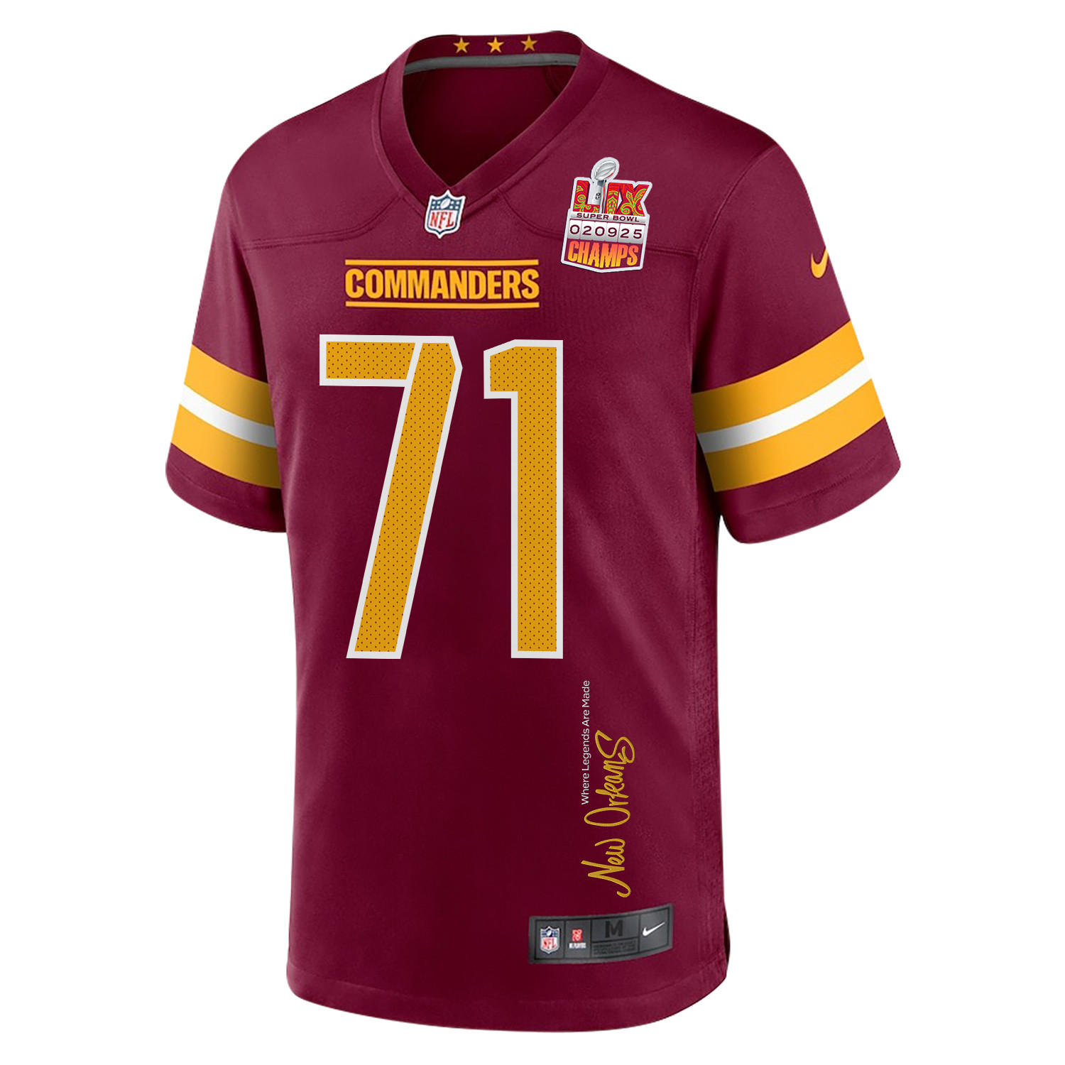 Andrew Wylie 71 Washington Commanders Super Bowl LIX Champions Patch 'New Orleans - Where Legends Are Made' EMBROIDERED Game Men Jersey - Burgundy JS3648 nicesnker - Image 3
