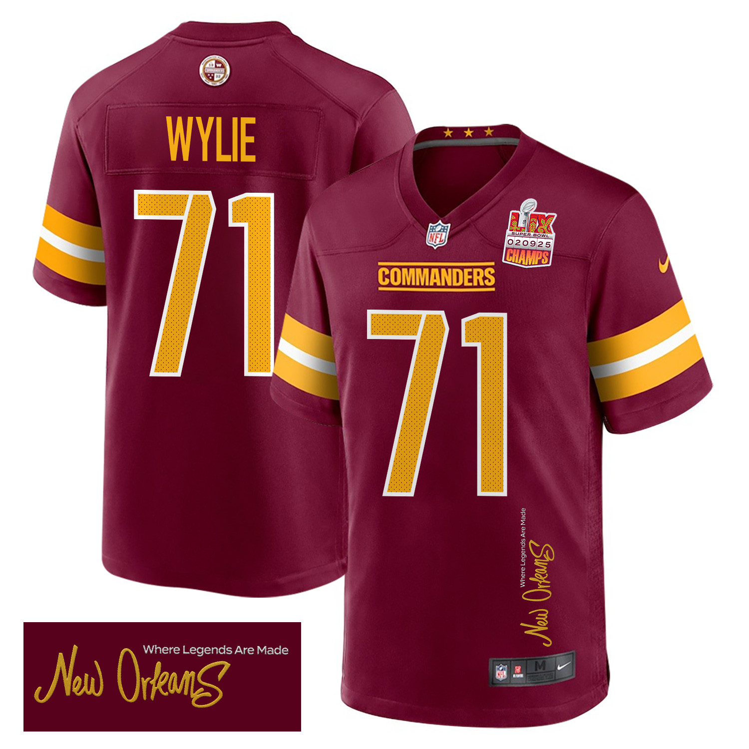 Andrew Wylie 71 Washington Commanders Super Bowl LIX Champions Patch 'New Orleans - Where Legends Are Made' EMBROIDERED Game Men Jersey - Burgundy JS3648 nicesnker
