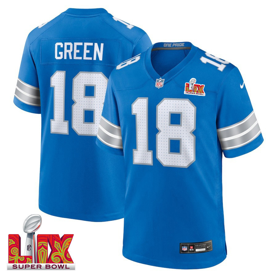 Antoine Green #18 Detroit Lions Super Bowl LIX Jersey - Men's - Blue JS3033 nicesnker
