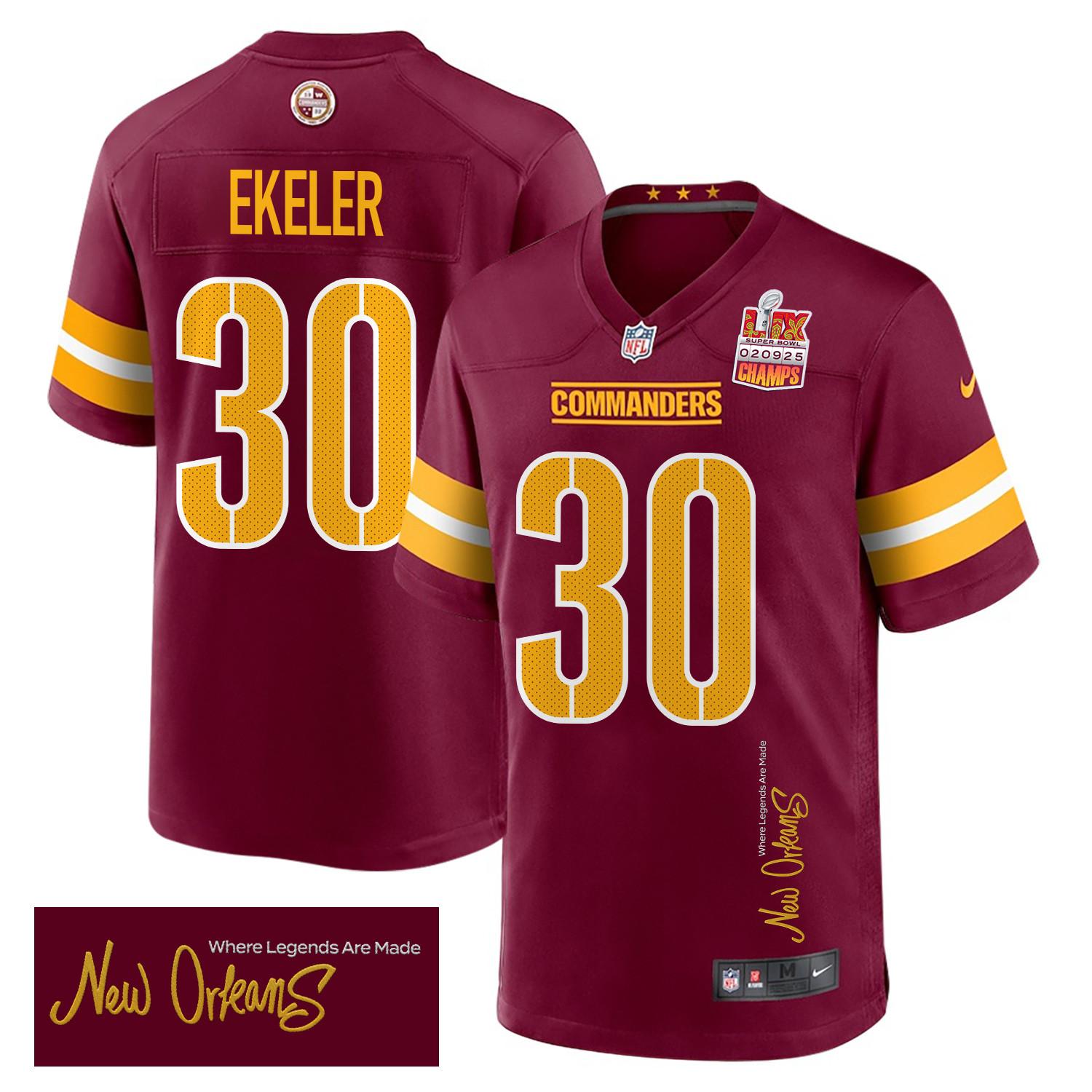 Austin Ekeler 30 Washington Commanders Super Bowl LIX Champions Patch 'New Orleans - Where Legends Are Made' EMBROIDERED Game Men Jersey - Burgundy JS1759 nicesnker