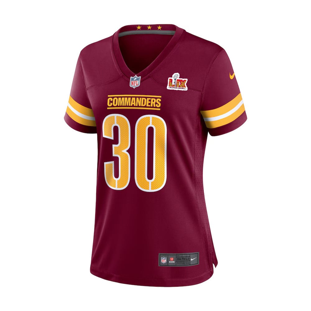 Alternative view of Austin Ekeler #30 Washington Commanders Super Bowl LIX Women's Jersey - Burgundy JS1308 nicesnker
