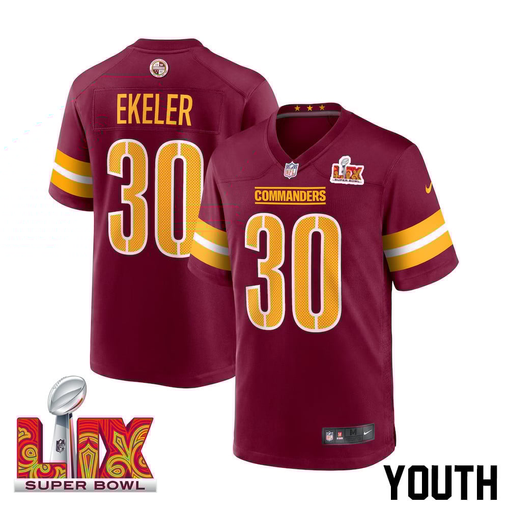 Austin Ekeler #30 Washington Commanders Super Bowl LIX Youth Jersey - Burgundy JS6020 nicesnker