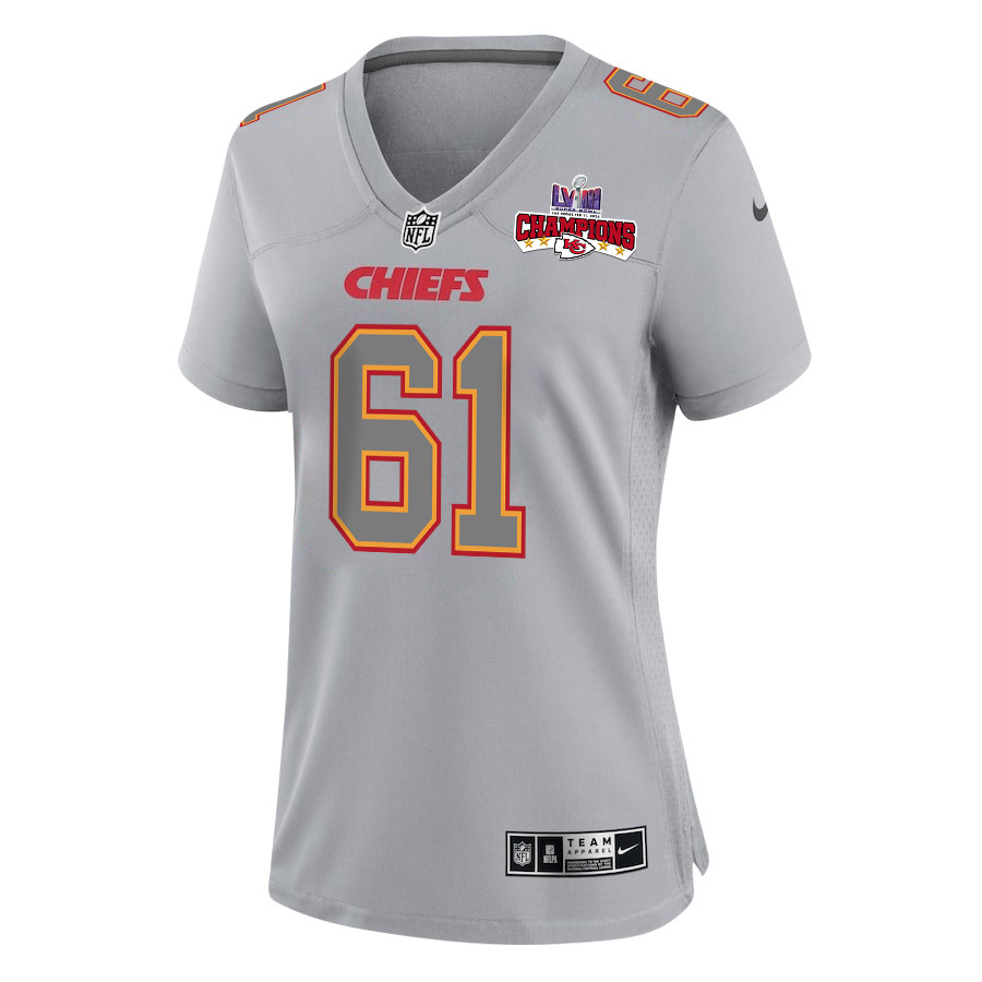 Alternative view of Austin Reiter 61 Kansas City Chiefs Super Bowl LVIII Champions 4 Stars Patch Atmosphere Fashion Game Women Jersey - Gray JS8698 nicesnker