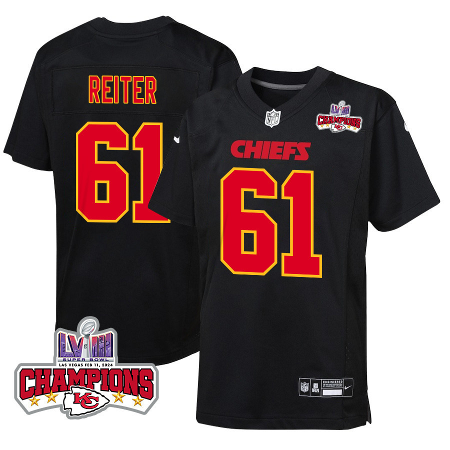 Austin Reiter 61 Kansas City Chiefs Super Bowl LVIII Champions 4 Stars Patch Fashion Game YOUTH Jersey - Carbon Black JS2096 nicesnker
