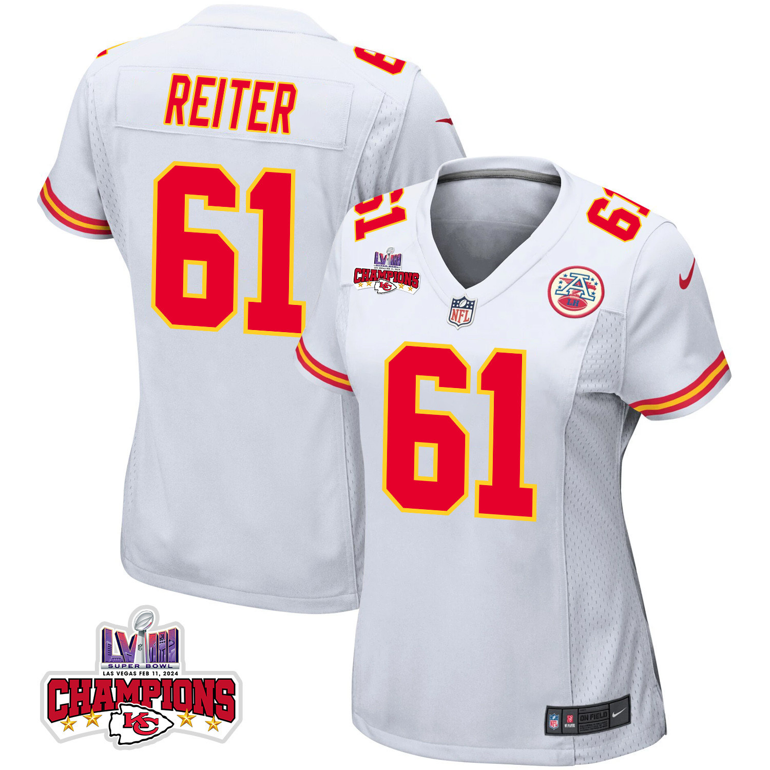 Austin Reiter 61 Kansas City Chiefs Super Bowl LVIII Champions 4 Stars Patch Game Women Jersey - White JS2096 nicesnker