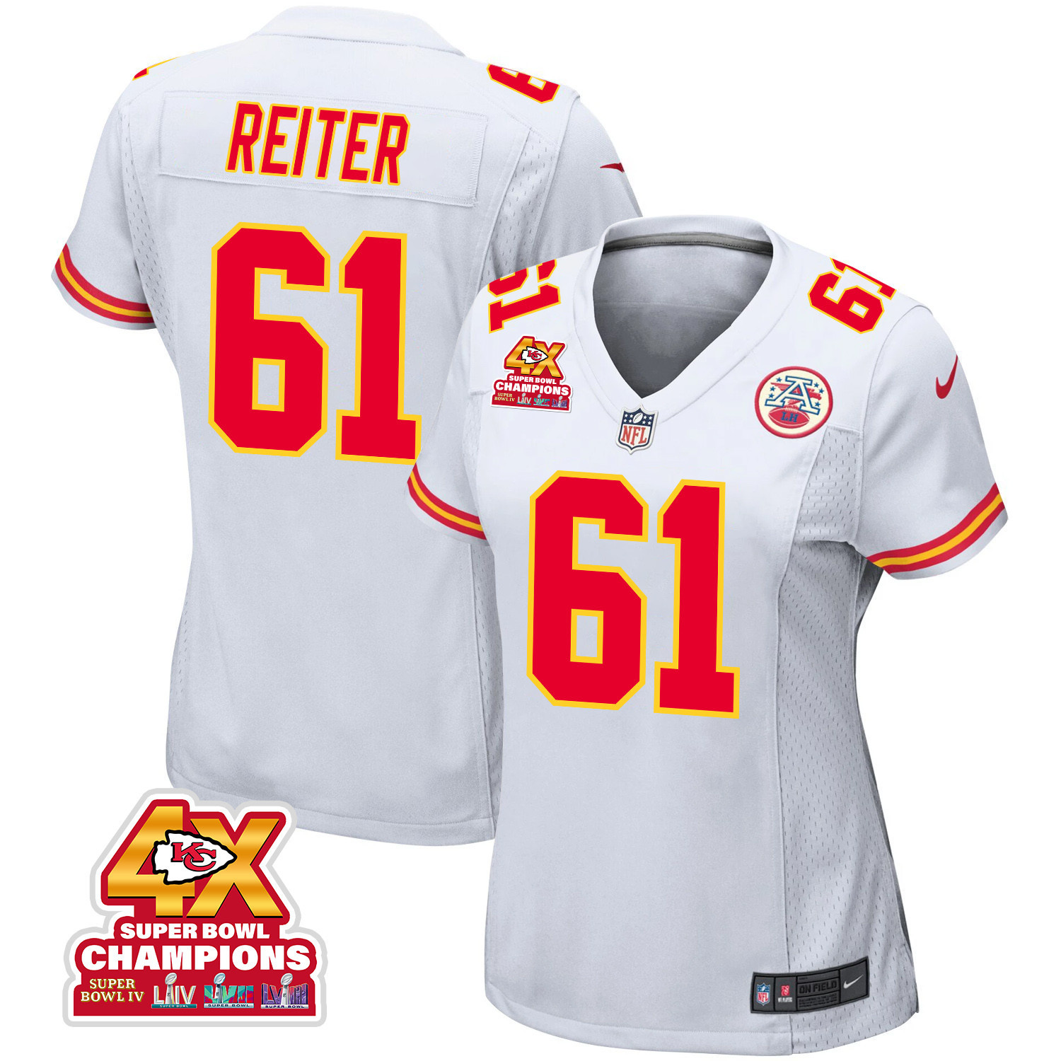 Austin Reiter 61 Kansas City Chiefs Super Bowl LVIII Champions 4X Game Women Jersey - White JS1809 nicesnker
