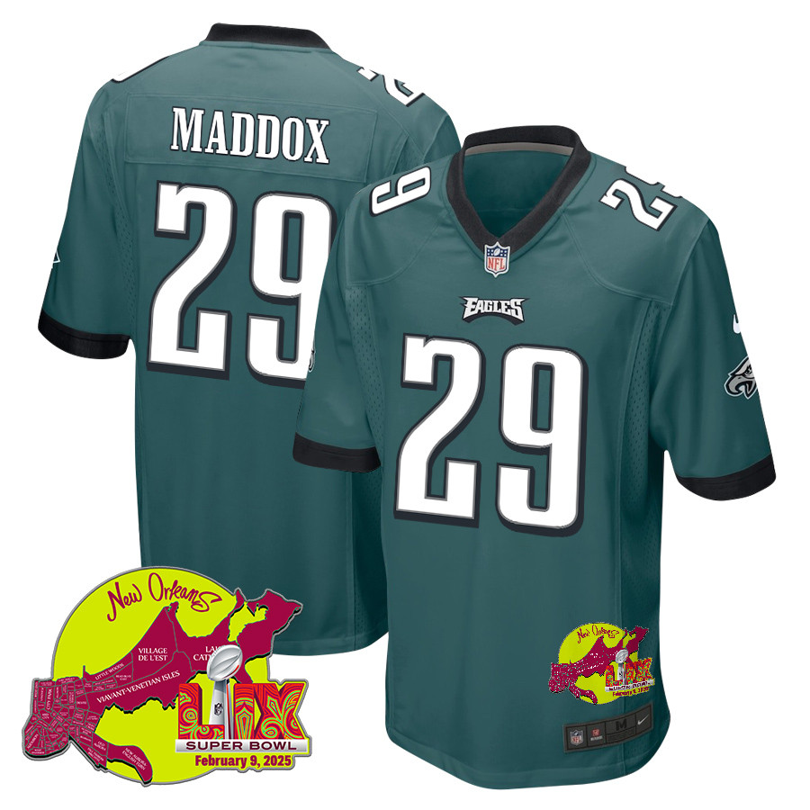 Avonte Maddox 29 Philadelphia Eagles Super Bowl LIX New Orleans Patch Game Men Jersey - Midnight Green JS9590 nicesnker