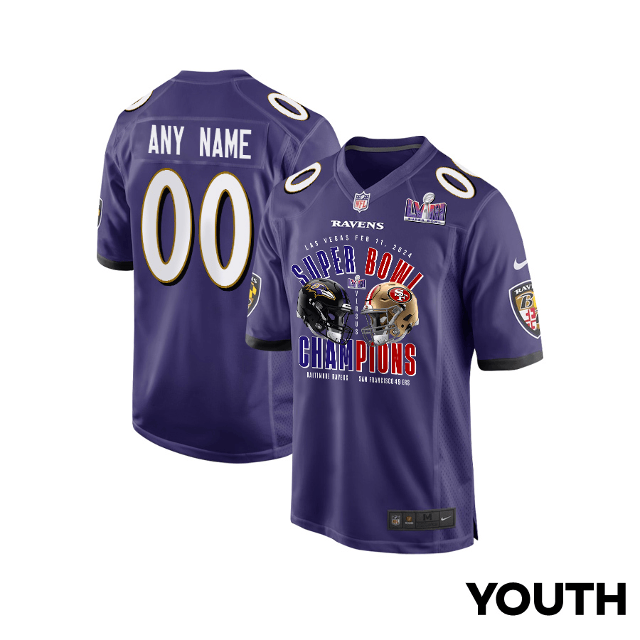 Baltimore Ravens vs. San Francisco 49ers Super Bowl LVIII Matchup Game Custom YOUTH Jersey - Purple JS7319 nicesnker