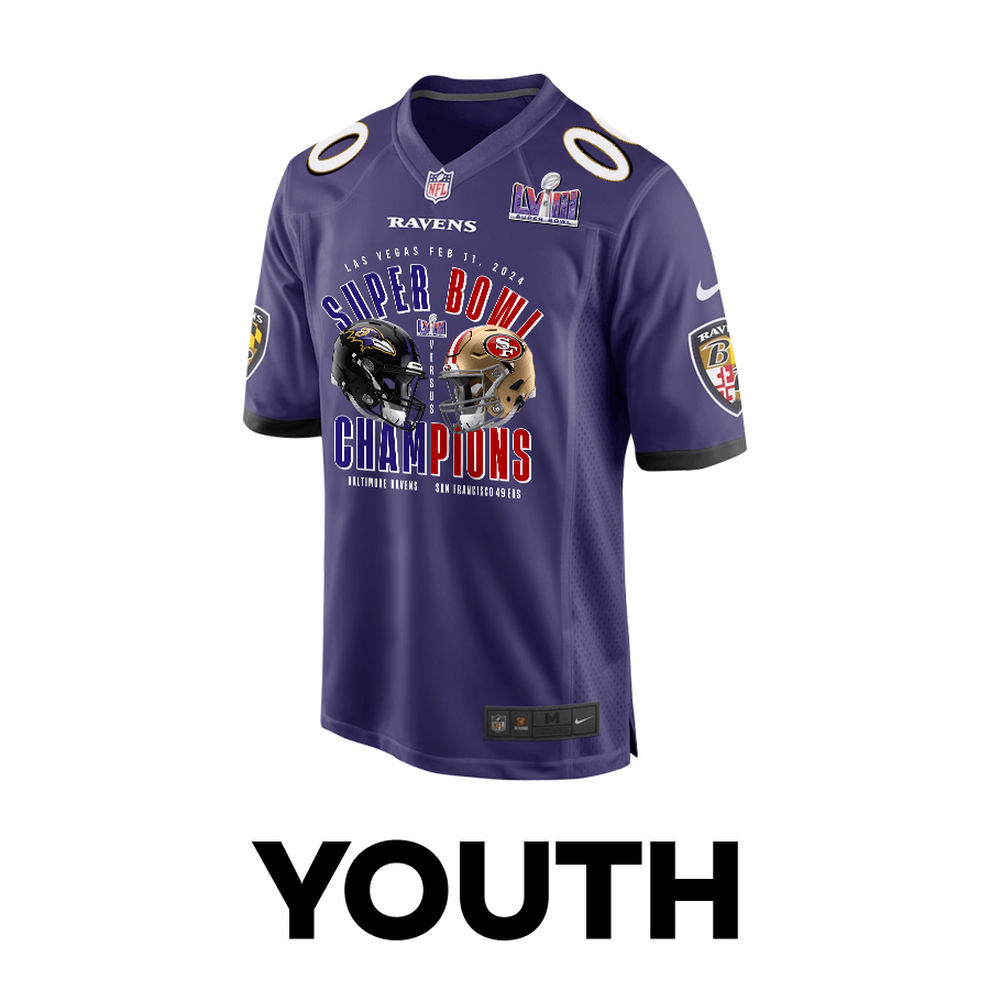 Alternative view of Baltimore Ravens vs. San Francisco 49ers Super Bowl LVIII Matchup Game Custom YOUTH Jersey - Purple JS7319 nicesnker