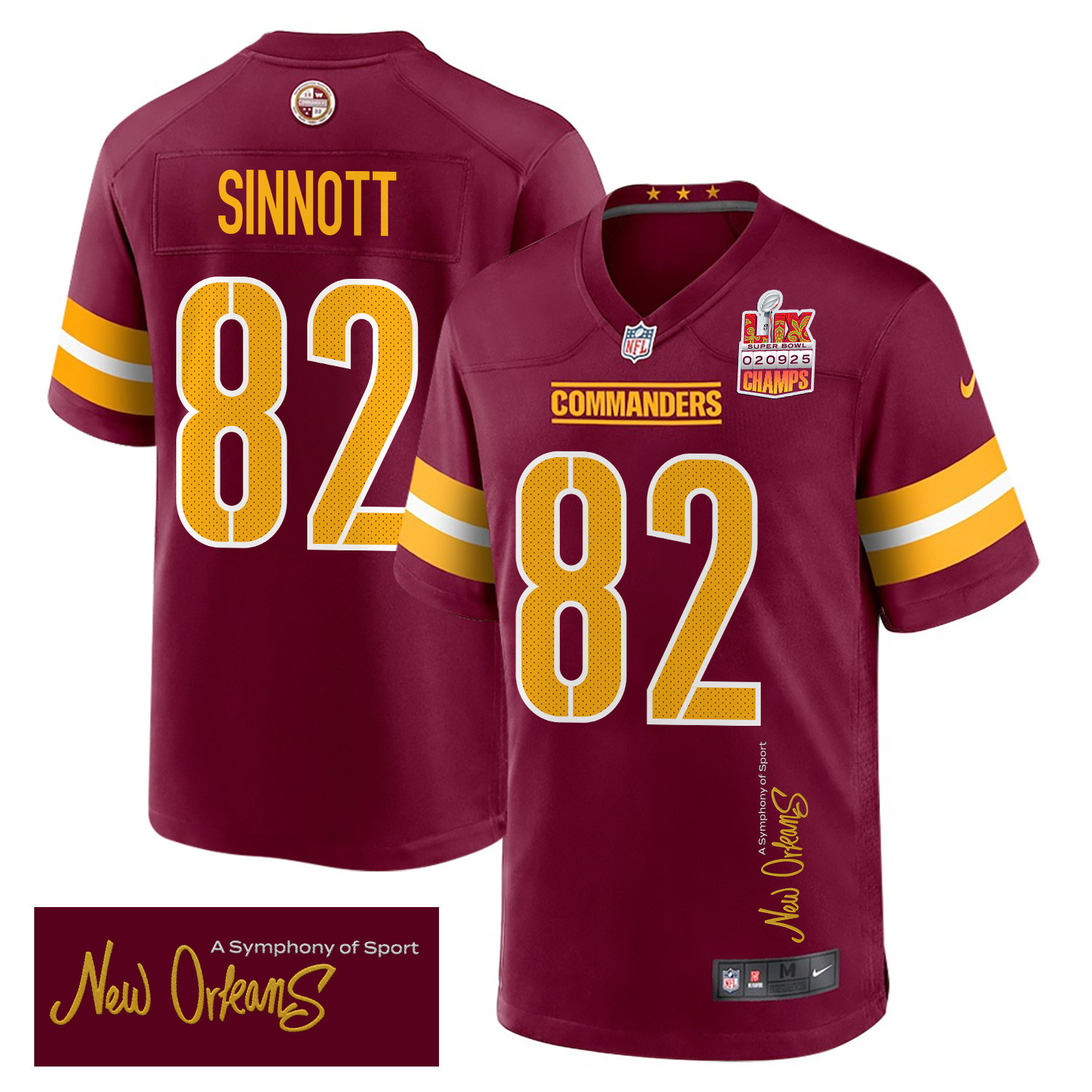 Ben Sinnott 82 Washington Commanders Super Bowl LIX Champions Patch 'New Orleans - A Symphony of Sport' EMBROIDERED Game Men Jersey - Burgundy JS4328 nicesnker