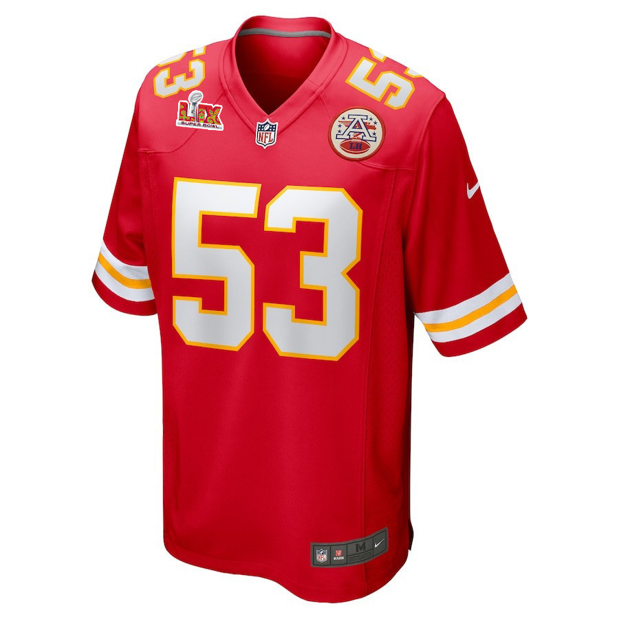 Alternative view of BJ Thompson #53 Kansas City Chiefs Super Bowl LIX Jersey - Men's - Red JS2788 nicesnker