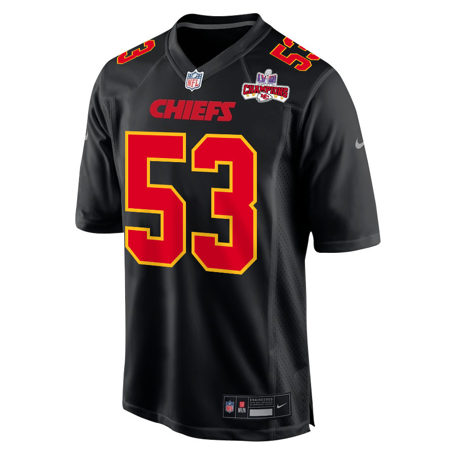 Alternative view of BJ Thompson 53 Kansas City Chiefs Super Bowl LVIII Champions 4 Stars Patch Fashion Game Men Jersey - Carbon Black JS3376 nicesnker