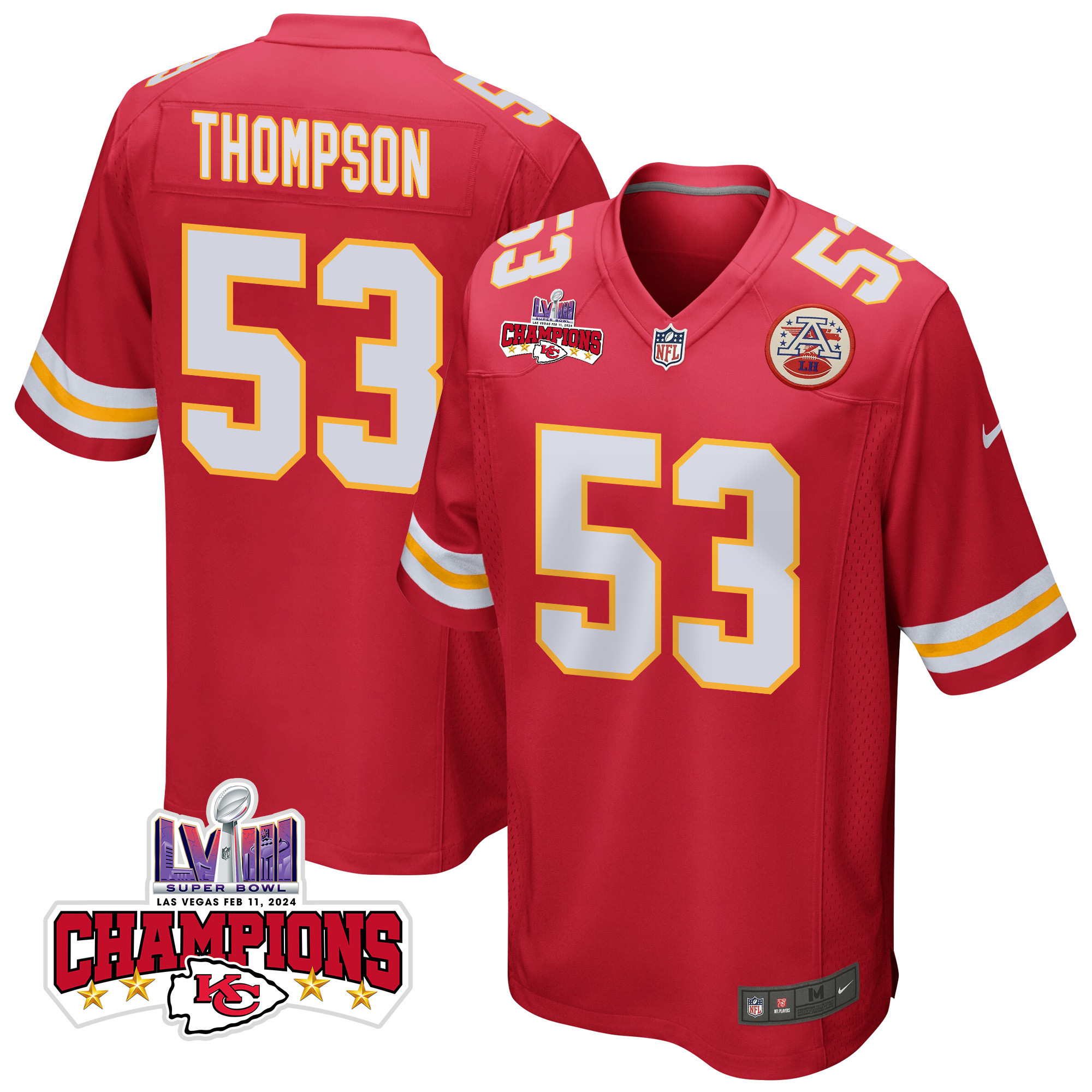 BJ Thompson 53 Kansas City Chiefs Super Bowl LVIII Champions 4 Stars Patch Game Men Jersey - Red JS1482 nicesnker