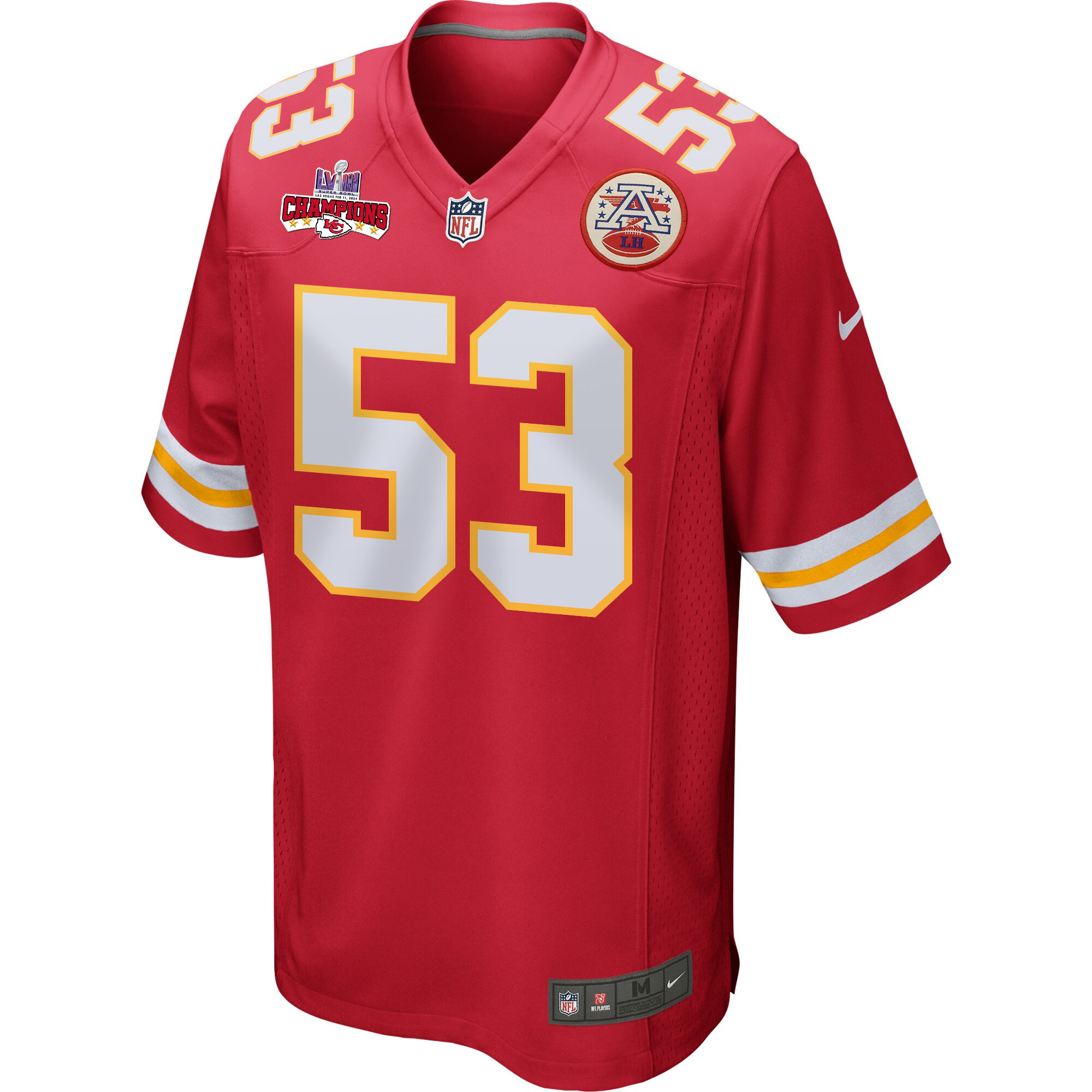 Alternative view of BJ Thompson 53 Kansas City Chiefs Super Bowl LVIII Champions 4 Stars Patch Game Men Jersey - Red JS1482 nicesnker