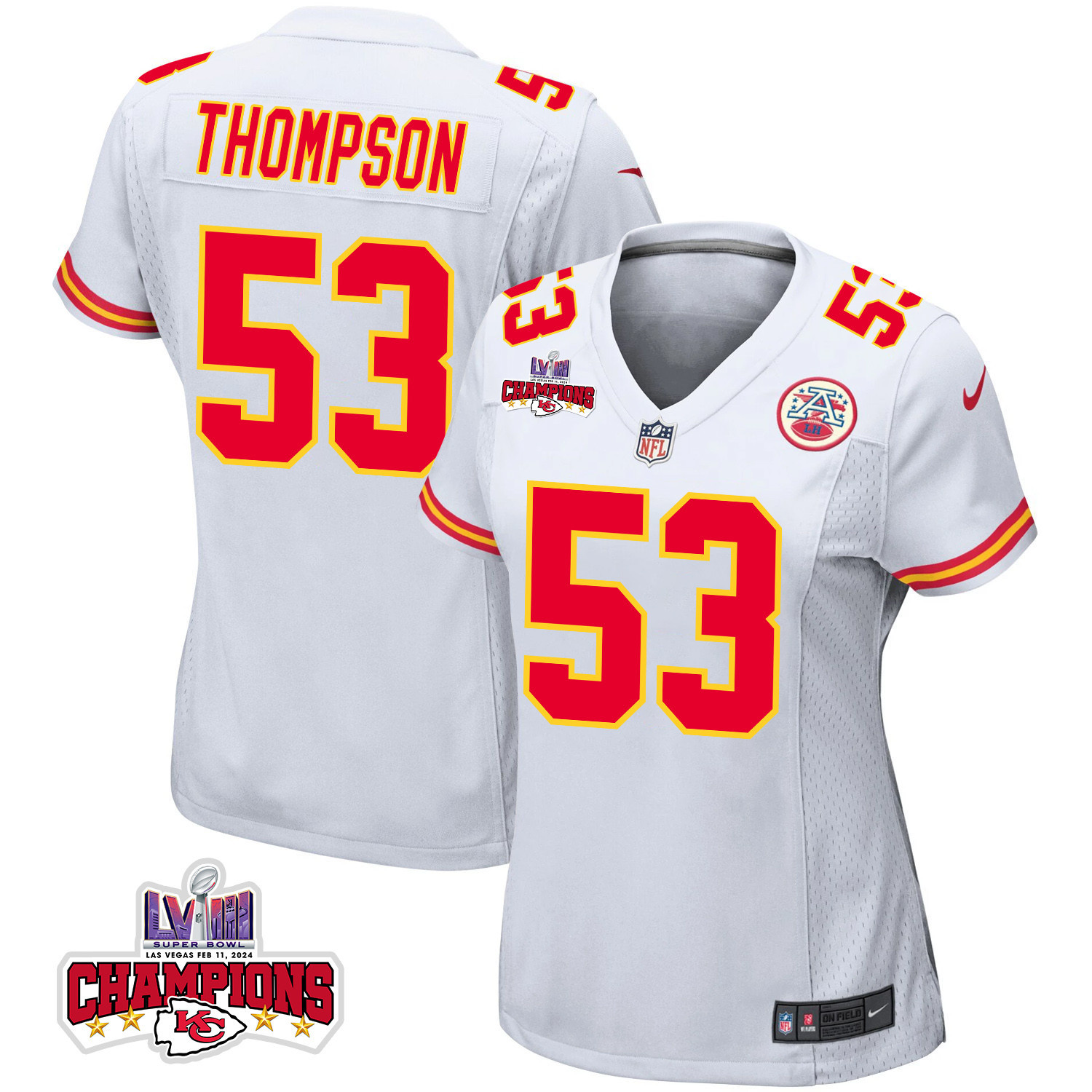 BJ Thompson 53 Kansas City Chiefs Super Bowl LVIII Champions 4 Stars Patch Game Women Jersey - White JS6256 nicesnker