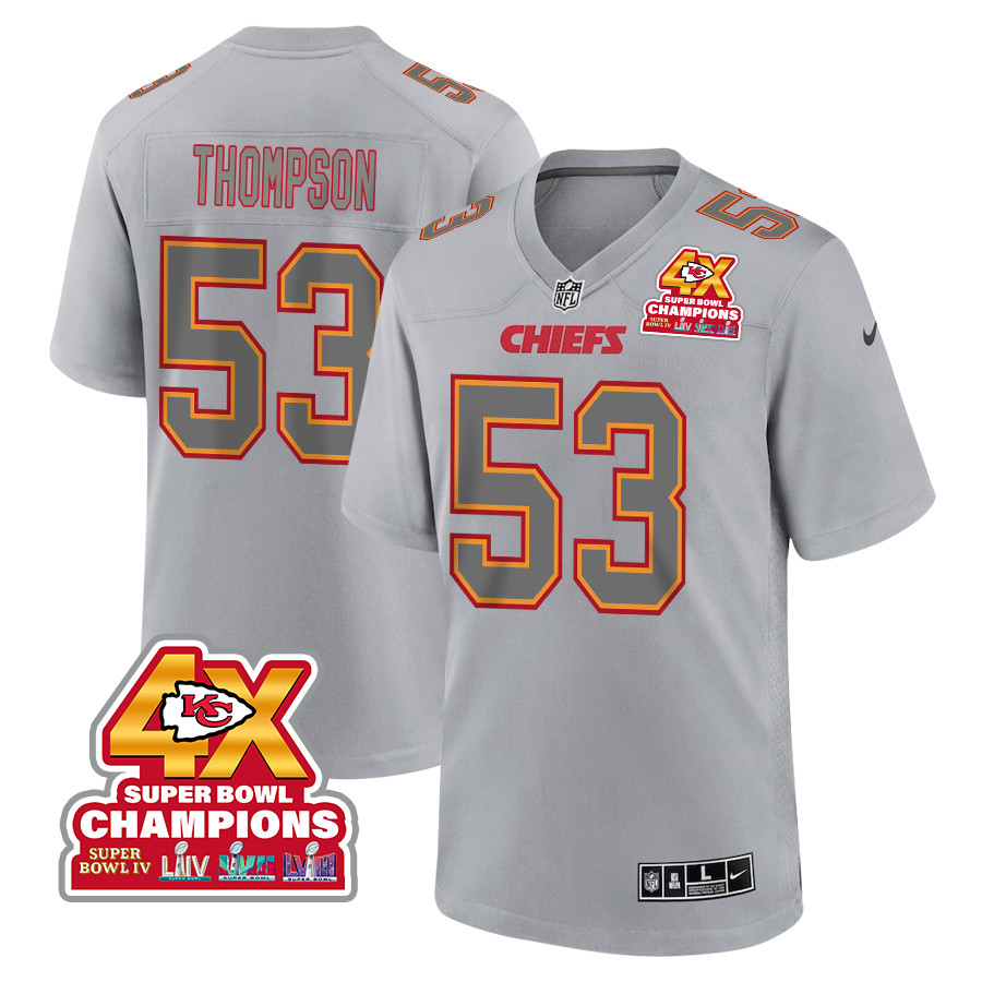 BJ Thompson 53 Kansas City Chiefs Super Bowl LVIII Champions 4X Atmosphere Fashion Game Men Jersey - Gray JS8047 nicesnker