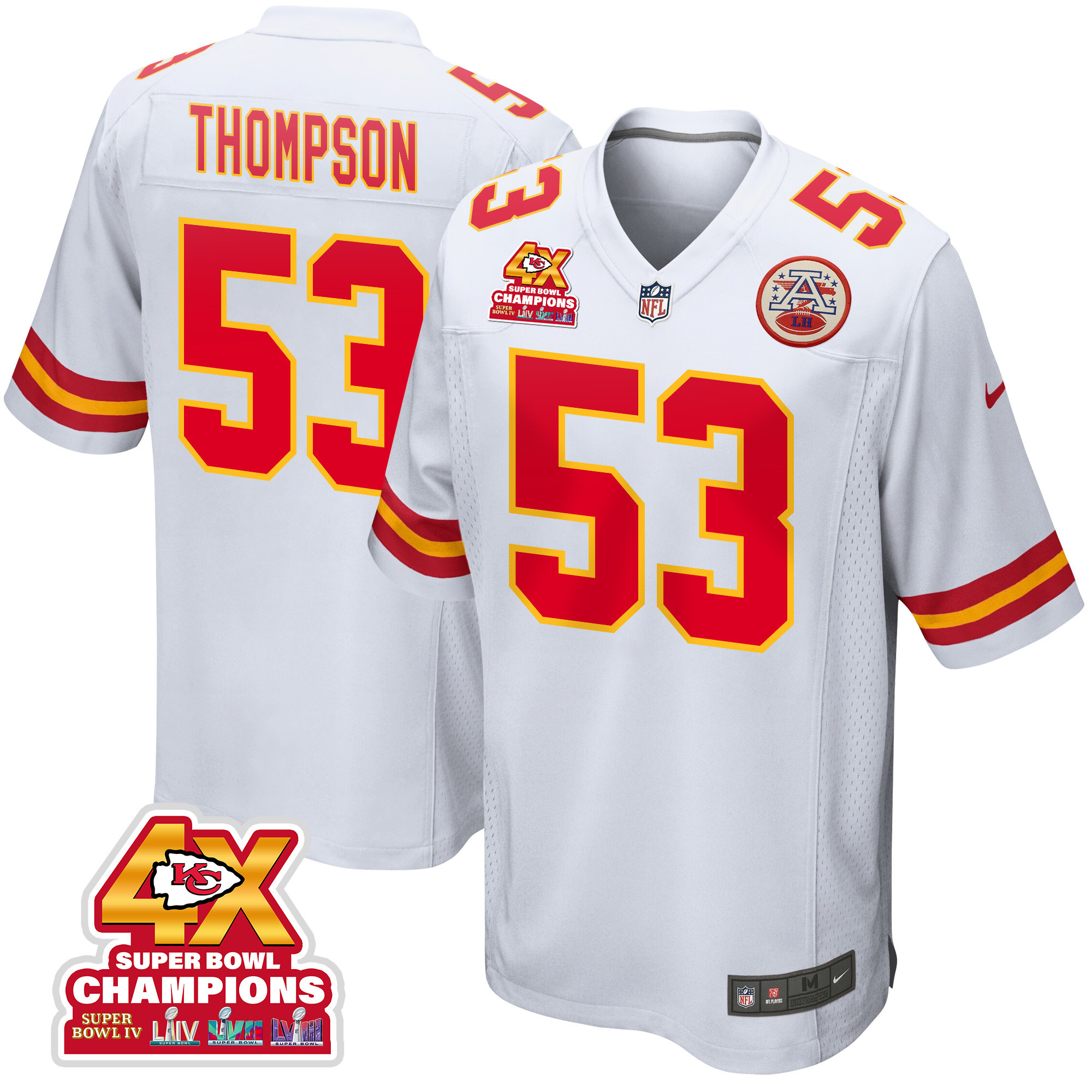 BJ Thompson 53 Kansas City Chiefs Super Bowl LVIII Champions 4X Game Men Jersey - White JS3182 nicesnker