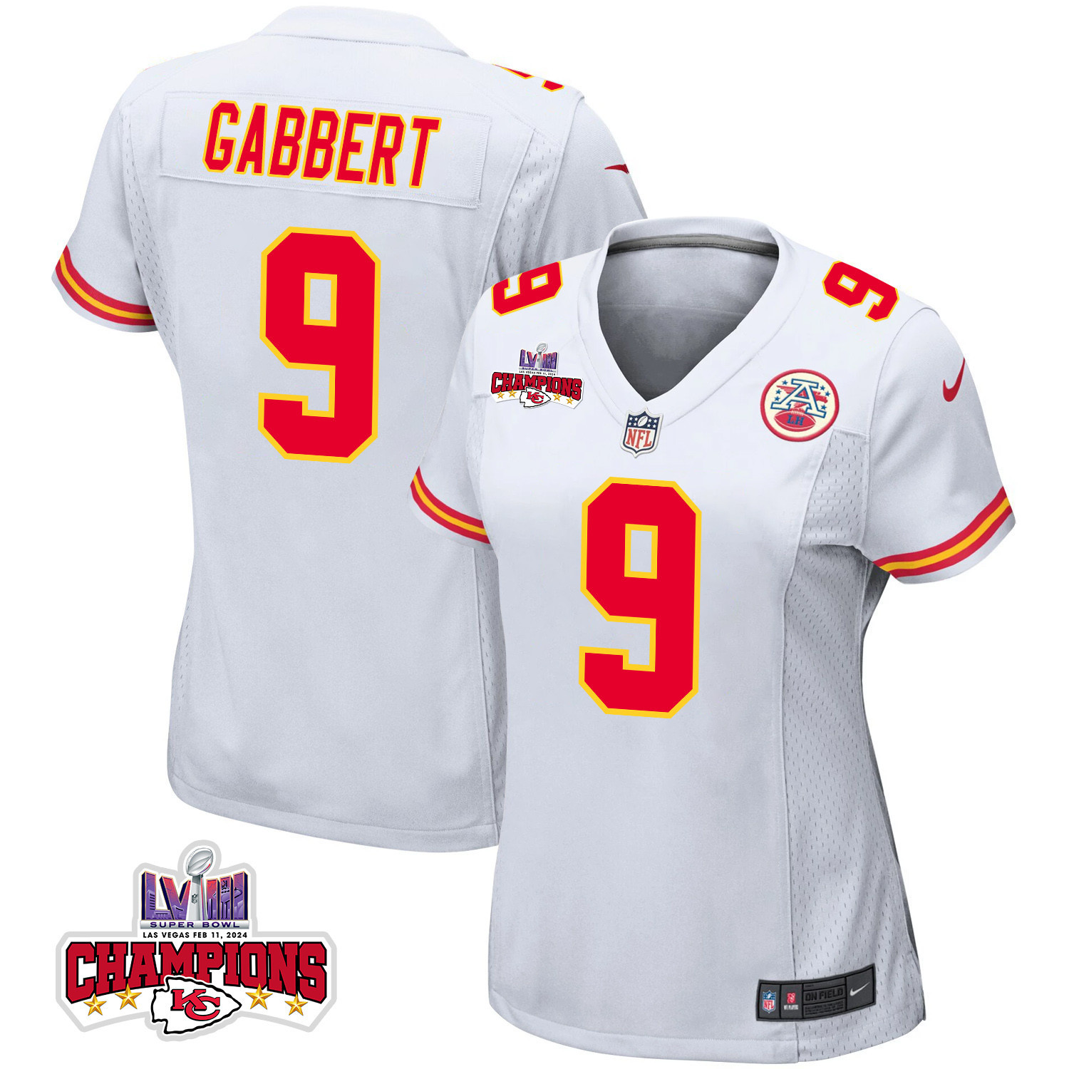 Blaine Gabbert 9 Kansas City Chiefs Super Bowl LVIII Champions 4 Stars Patch Game Women Jersey - White JS1361 nicesnker