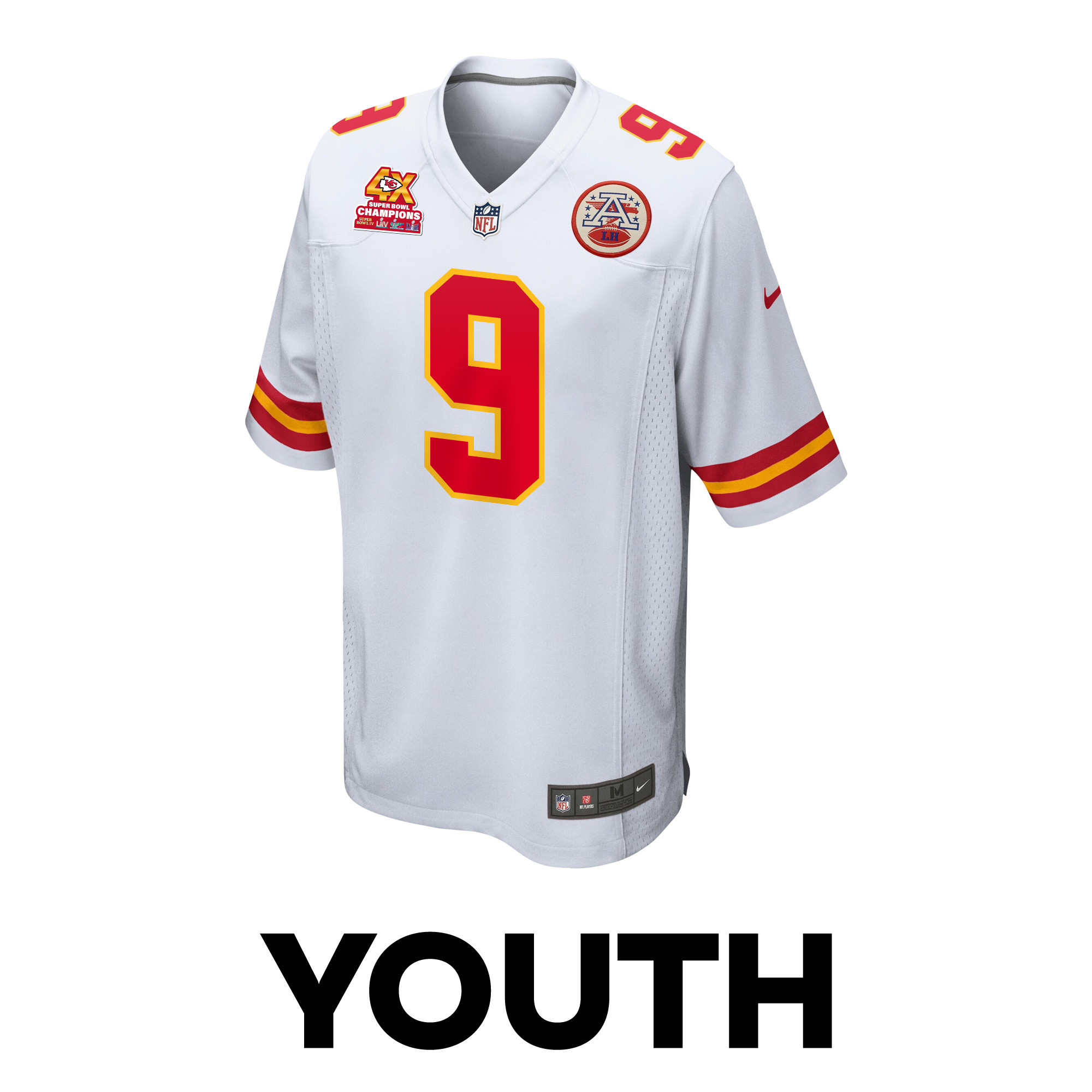 Alternative view of Blaine Gabbert 9 Kansas City Chiefs Super Bowl LVIII Champions 4X Game YOUTH Jersey - White JS2730 nicesnker