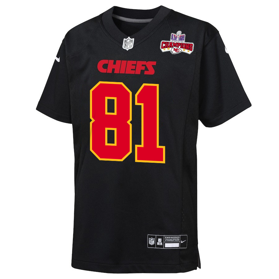 Alternative view of Blake Bell 81 Kansas City Chiefs Super Bowl LVIII Champions 4 Stars Patch Fashion Game YOUTH Jersey - Carbon Black JS7206 nicesnker