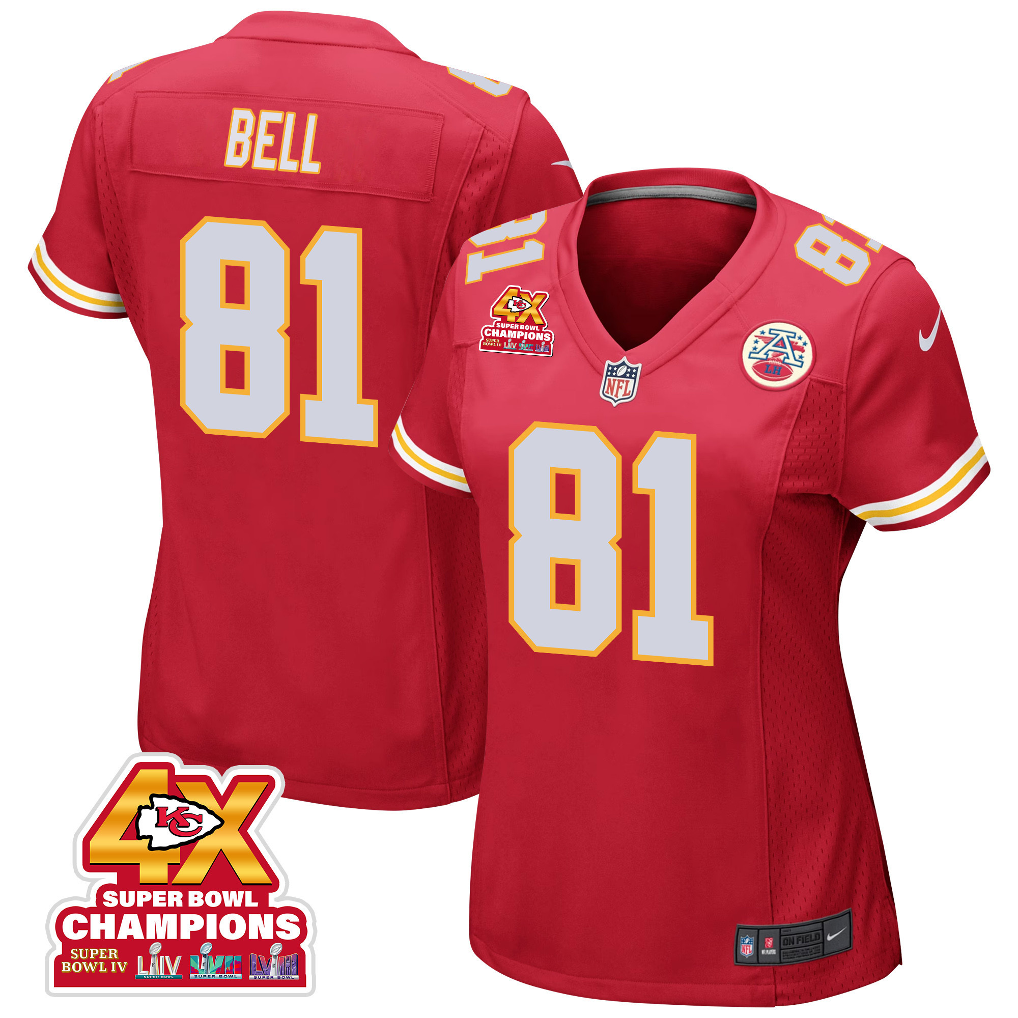 Blake Bell 81 Kansas City Chiefs Super Bowl LVIII Champions 4X Game Women Jersey - Red JS7252 nicesnker
