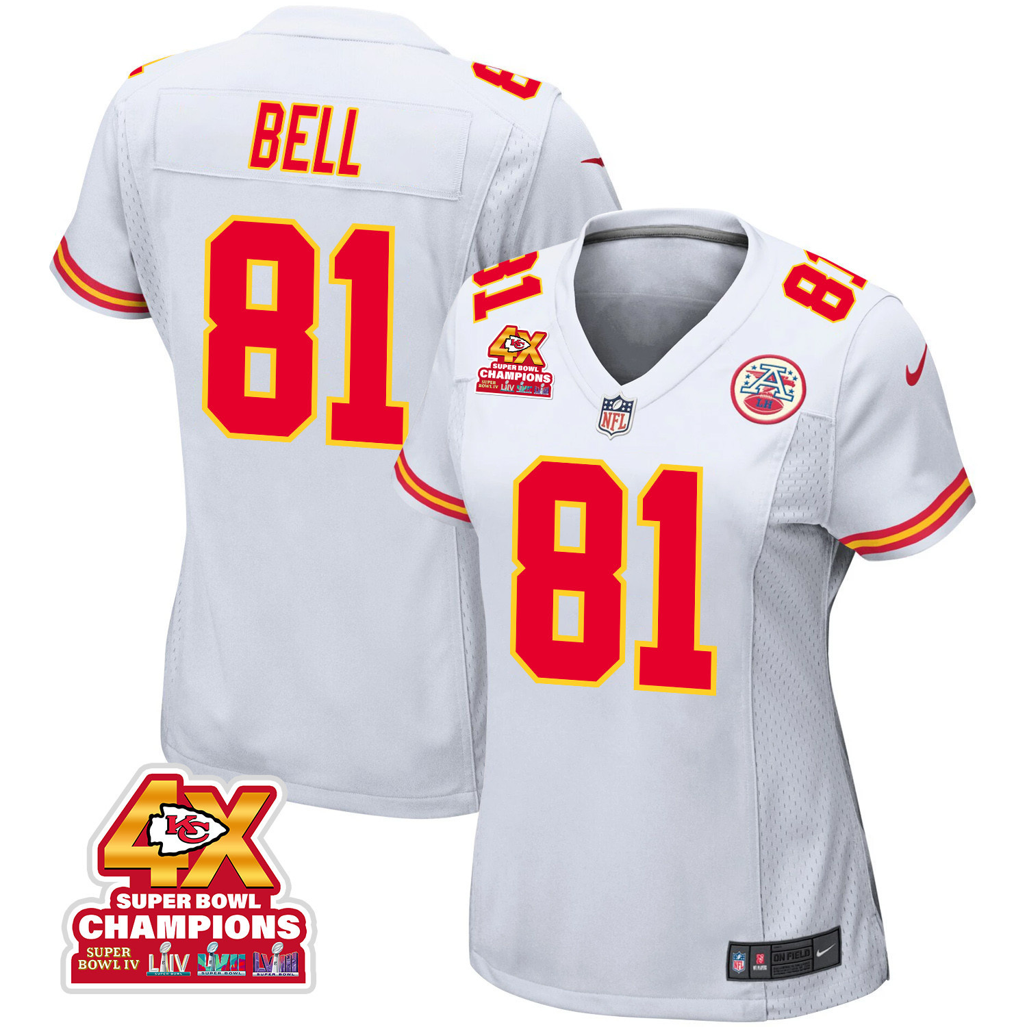 Blake Bell 81 Kansas City Chiefs Super Bowl LVIII Champions 4X Game Women Jersey - White JS7494 nicesnker