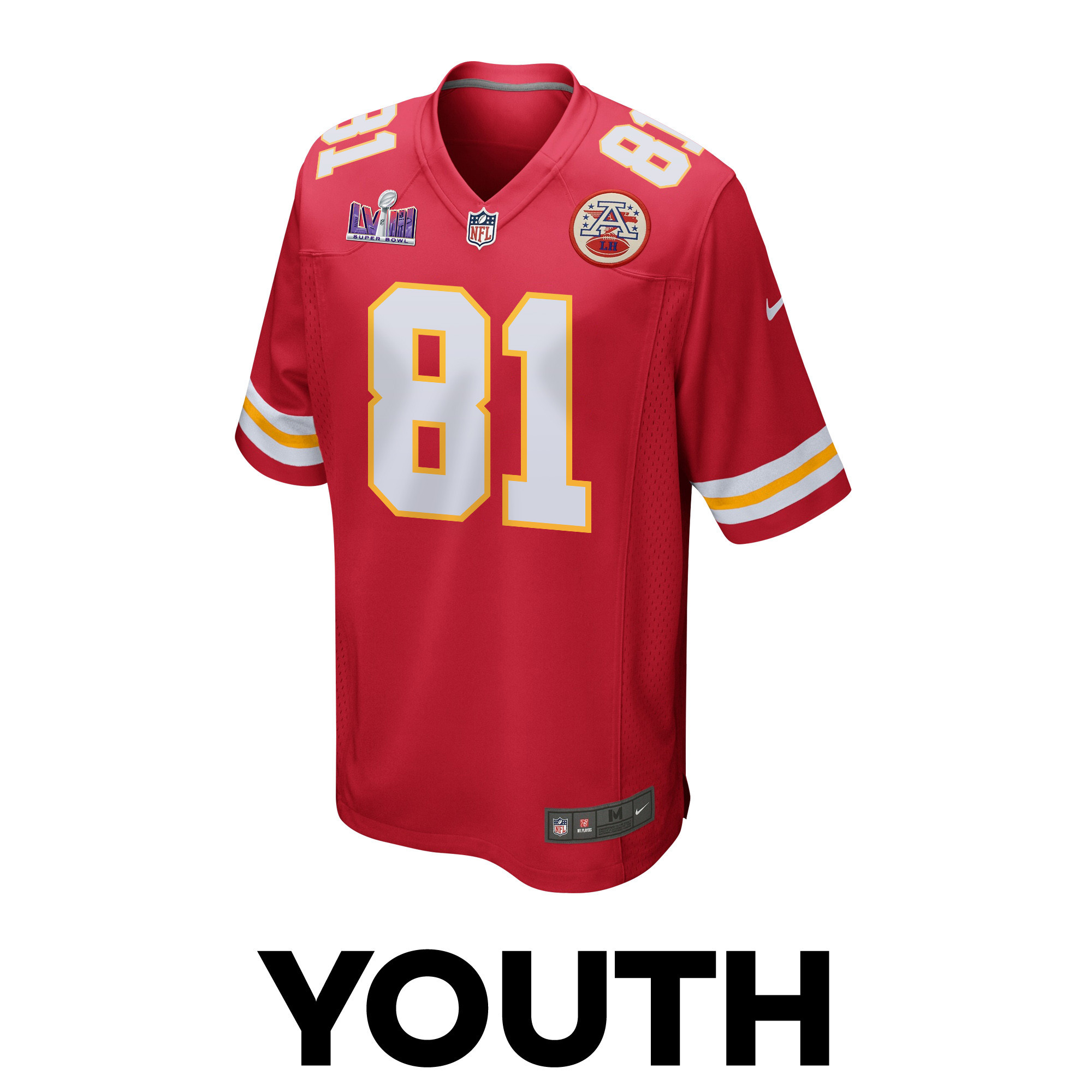 Alternative view of Blake Bell 81 Kansas City Chiefs Super Bowl LVIII Patch Game YOUTH Jersey - Red JS4774 nicesnker