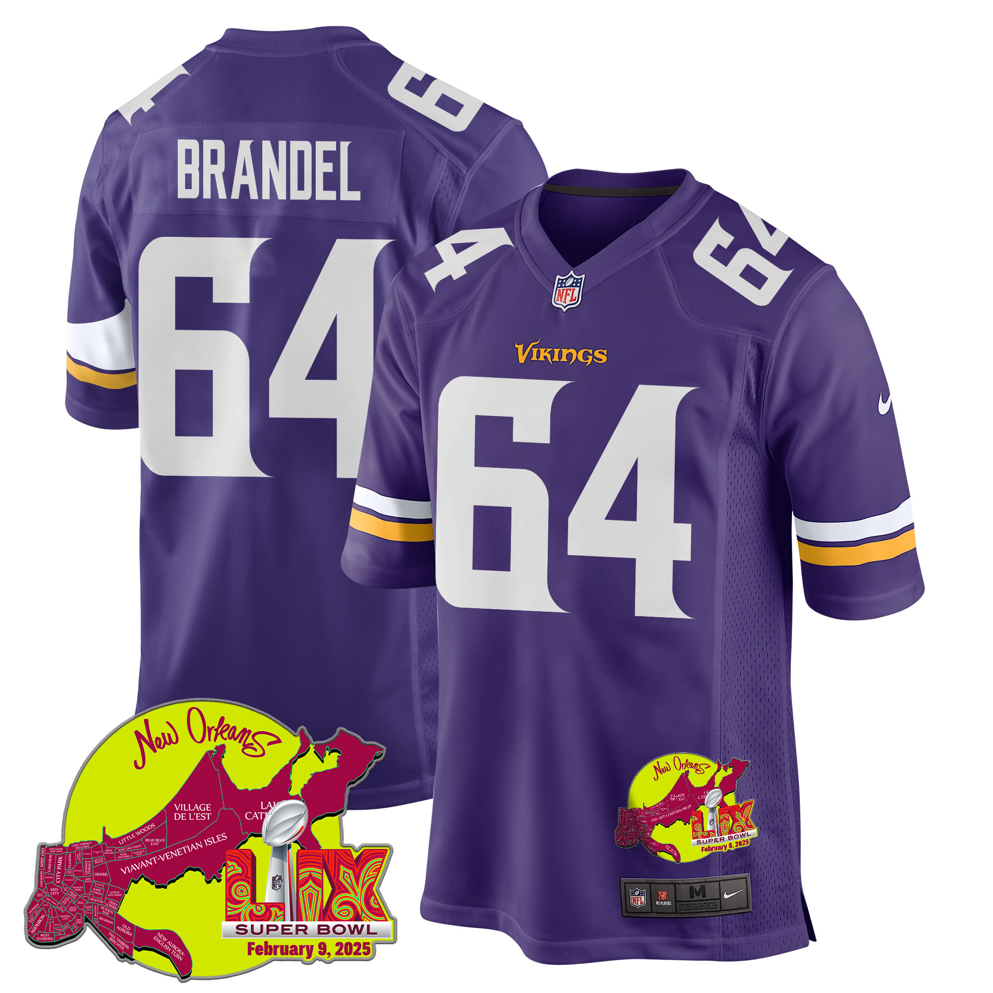 Blake Brandel 64 Minnesota Vikings Super Bowl LIX New Orleans Patch Game Men Jersey - Purple JS4858 nicesnker