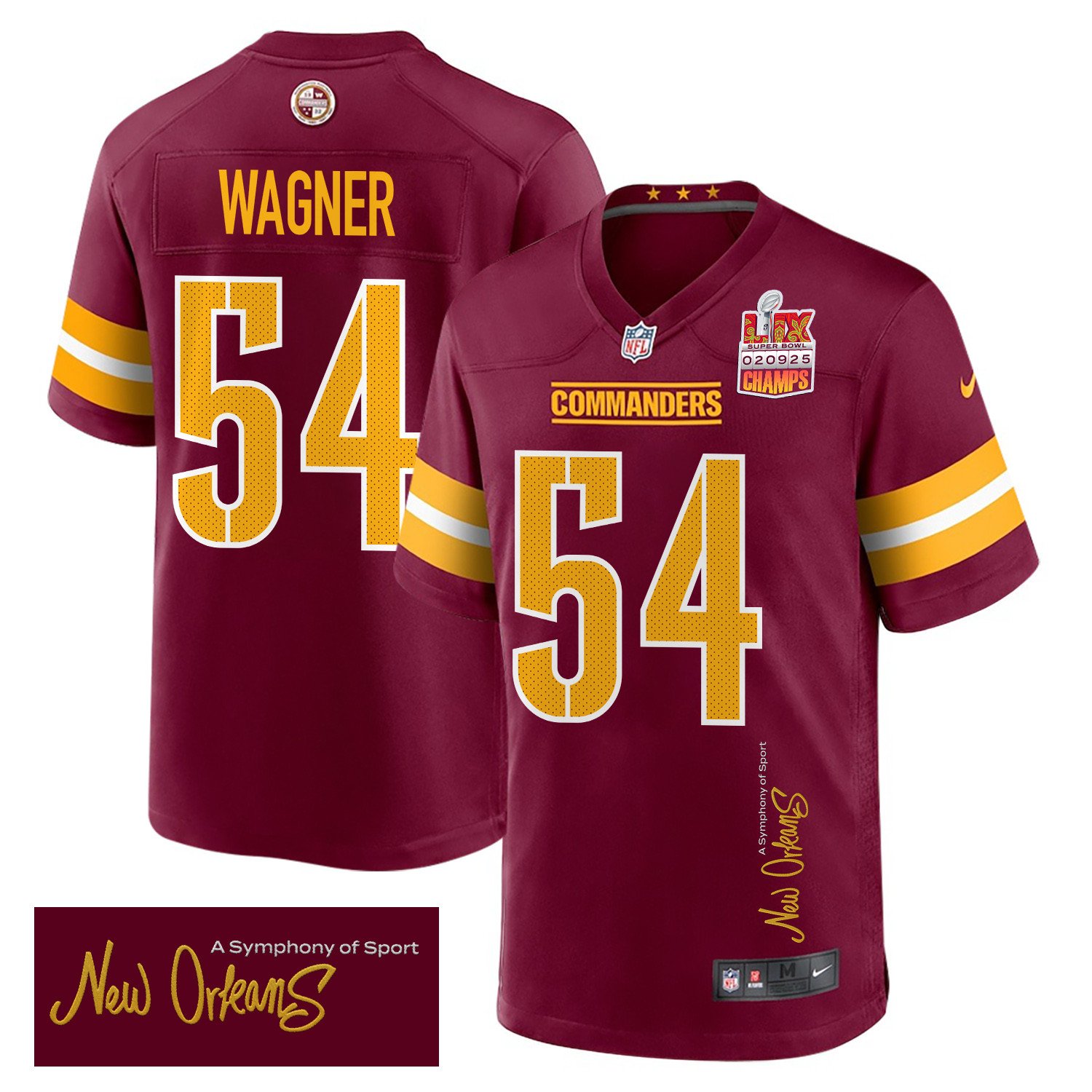 Bobby Wagner 54 Washington Commanders Super Bowl LIX Champions Patch 'New Orleans - A Symphony of Sport' EMBROIDERED Game Men Jersey - Burgundy JS7705 nicesnker